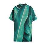 Turquoise Banana Leaf Print Cotton Hawaiian Shirt