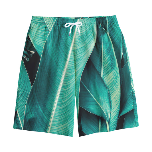 Turquoise Banana Leaf Print Cotton Shorts