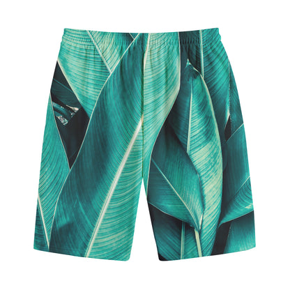 Turquoise Banana Leaf Print Cotton Shorts