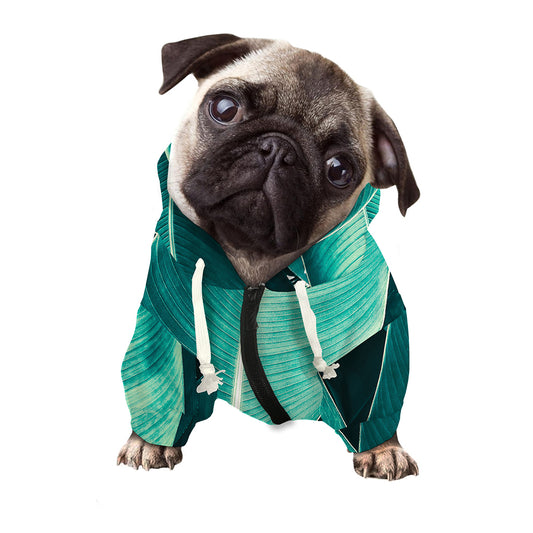 Turquoise Banana Leaf Print Dog Zip Up Hoodie