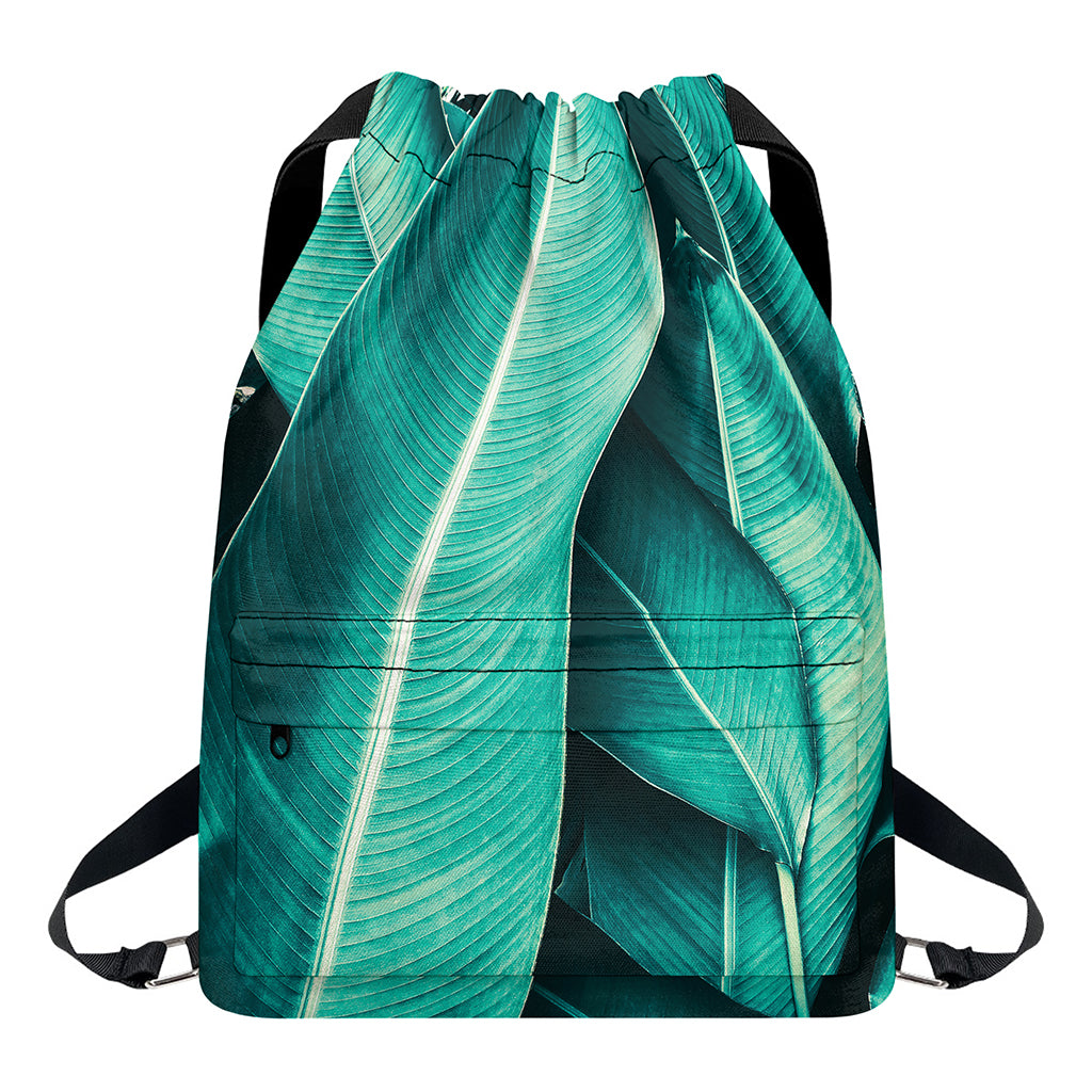 Turquoise Banana Leaf Print Drawstring Backpack