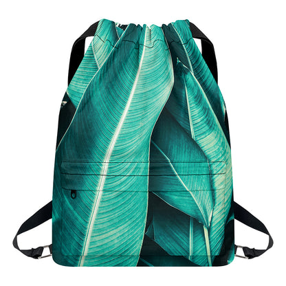 Turquoise Banana Leaf Print Drawstring Backpack
