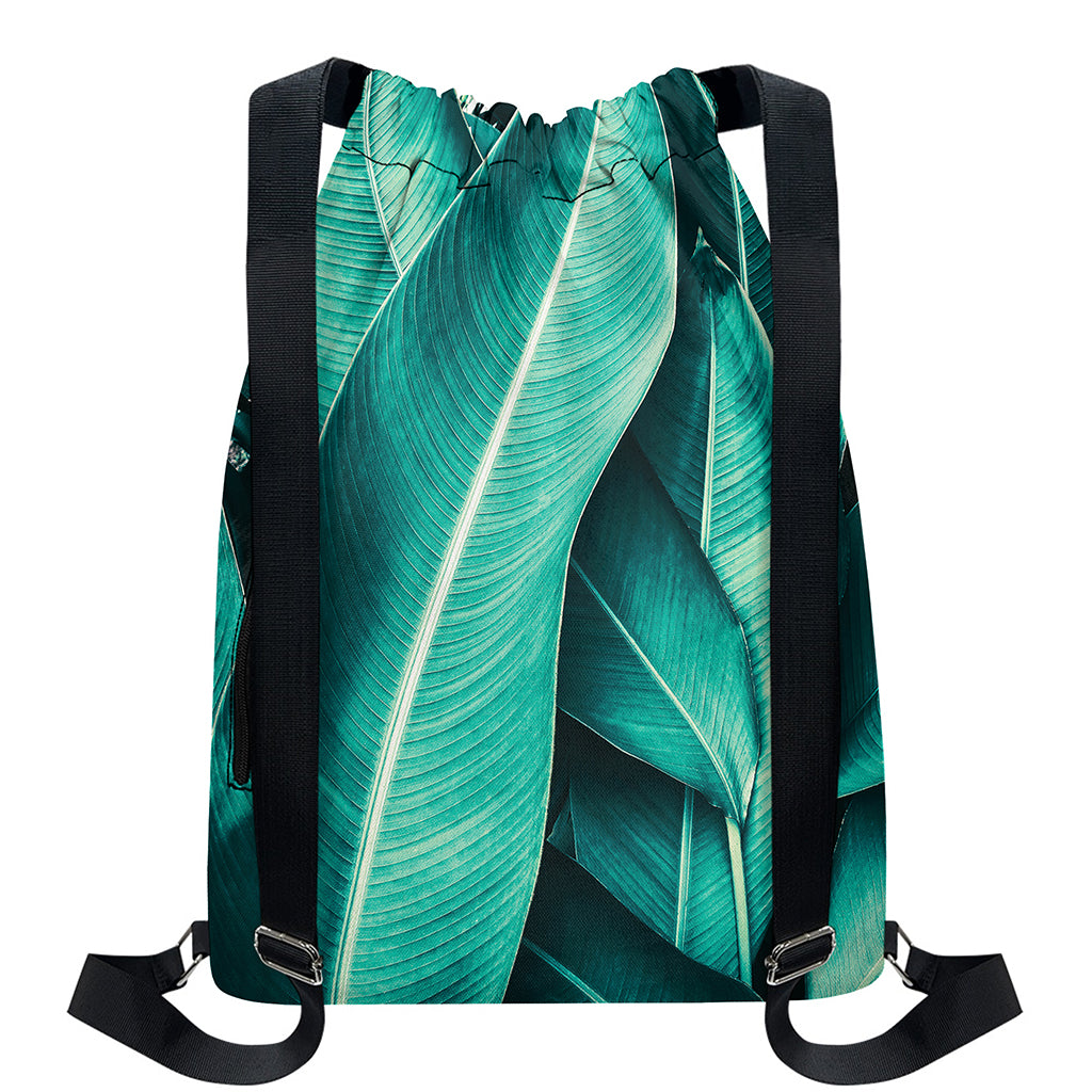 Turquoise Banana Leaf Print Drawstring Backpack