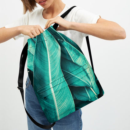 Turquoise Banana Leaf Print Drawstring Backpack