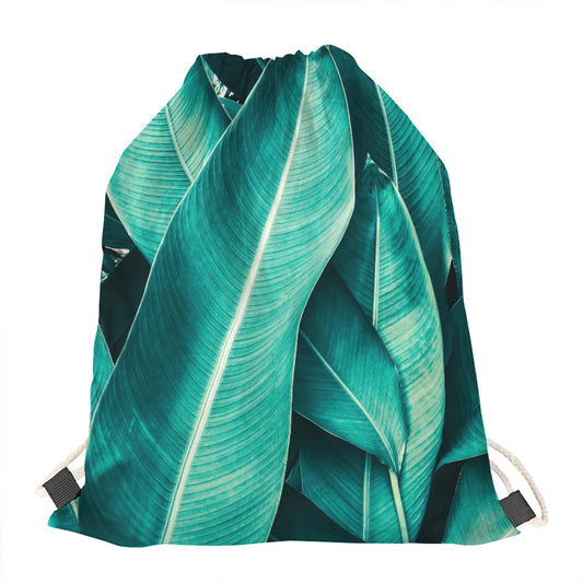 Turquoise Banana Leaf Print Drawstring Bag