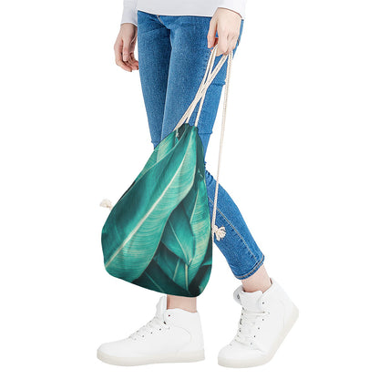 Turquoise Banana Leaf Print Drawstring Bag
