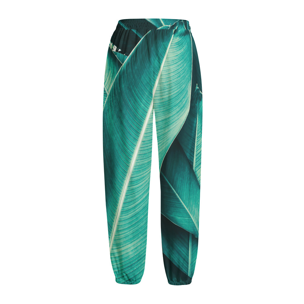 Turquoise Banana Leaf Print Fleece Lined Knit Pants