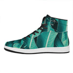 Turquoise Banana Leaf Print High Top Leather Sneakers