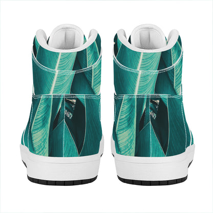 Turquoise Banana Leaf Print High Top Leather Sneakers