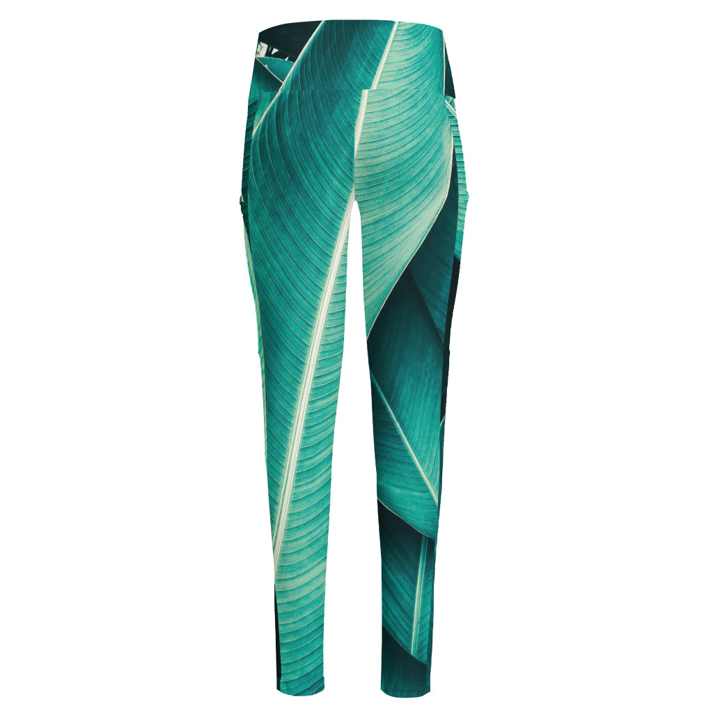 Turquoise Banana Leaf Print High-Waisted Pocket Leggings
