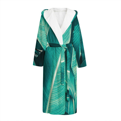Turquoise Banana Leaf Print Hooded Bathrobe