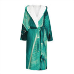 Turquoise Banana Leaf Print Hooded Bathrobe