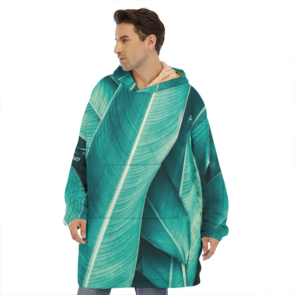 Turquoise Banana Leaf Print Hoodie Blanket