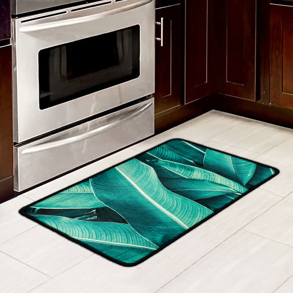 Turquoise Banana Leaf Print Kitchen Mat