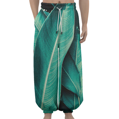 Turquoise Banana Leaf Print Lantern Pants