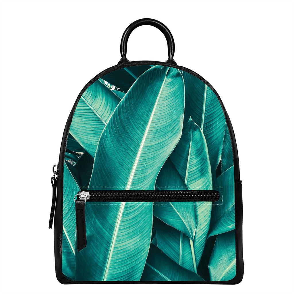 Turquoise Banana Leaf Print Leather Backpack