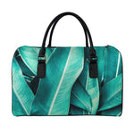 Turquoise Banana Leaf Print Leather Duffle Bag