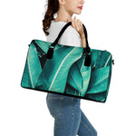 Turquoise Banana Leaf Print Leather Duffle Bag