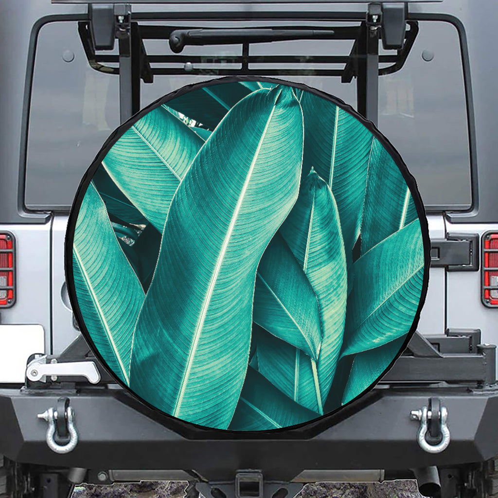 Turquoise Banana Leaf Print Leather Spare Tire Cover