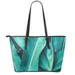 Turquoise Banana Leaf Print Leather Tote Bag