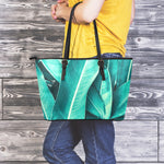 Turquoise Banana Leaf Print Leather Tote Bag