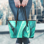 Turquoise Banana Leaf Print Leather Tote Bag