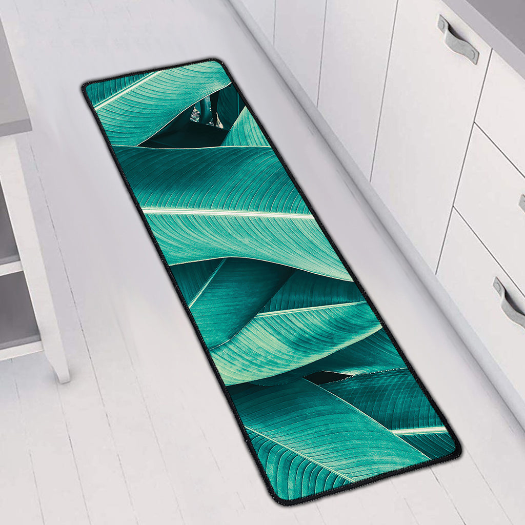 Turquoise Banana Leaf Print Long Kitchen Mat