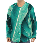 Turquoise Banana Leaf Print Long Sleeve Baseball Jersey