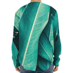 Turquoise Banana Leaf Print Long Sleeve Baseball Jersey