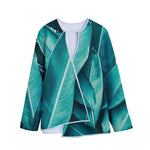 Turquoise Banana Leaf Print Long Sleeve Short Coat