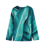 Turquoise Banana Leaf Print Long Sleeve Short Coat