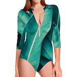 Turquoise Banana Leaf Print Long Sleeve Swimsuit