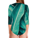 Turquoise Banana Leaf Print Long Sleeve Swimsuit