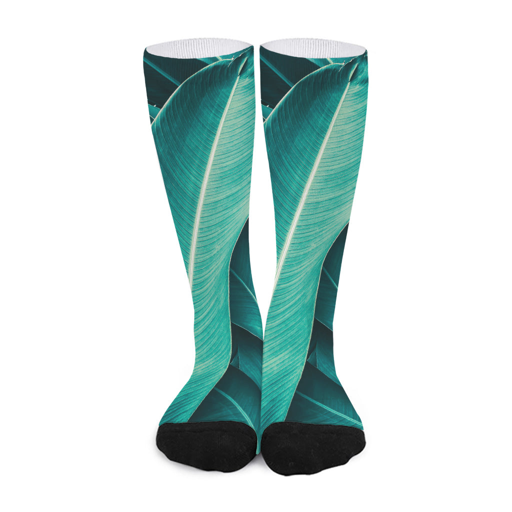 Turquoise Banana Leaf Print Long Socks