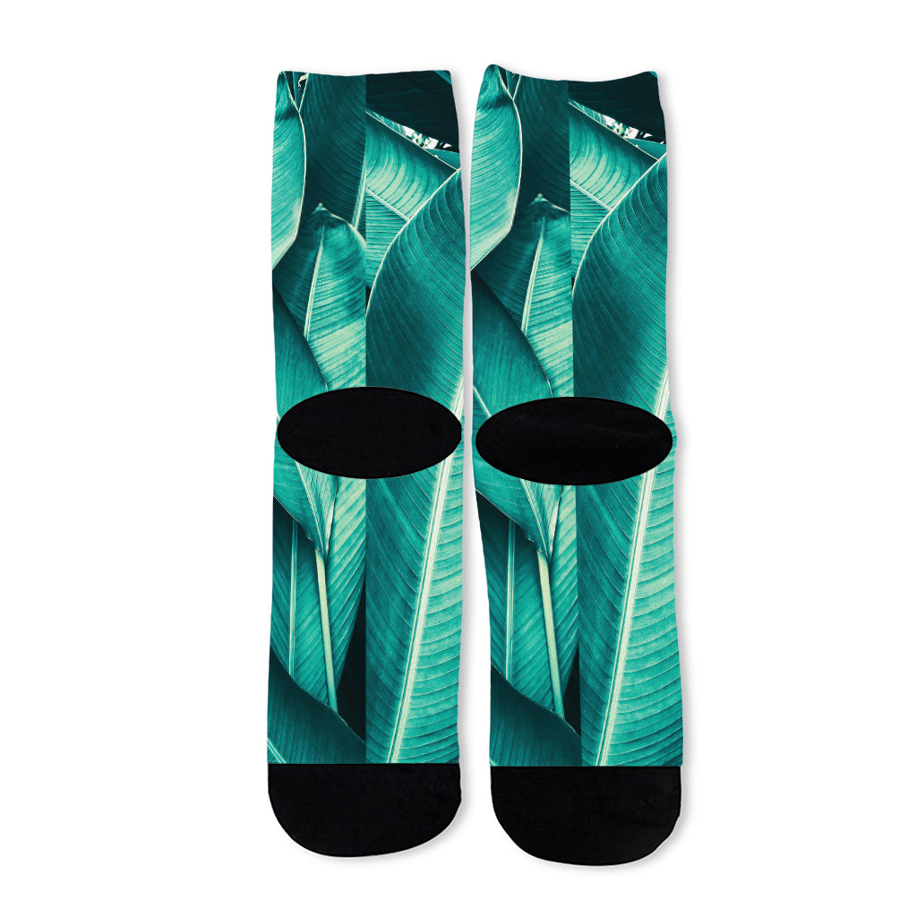 Turquoise Banana Leaf Print Long Socks