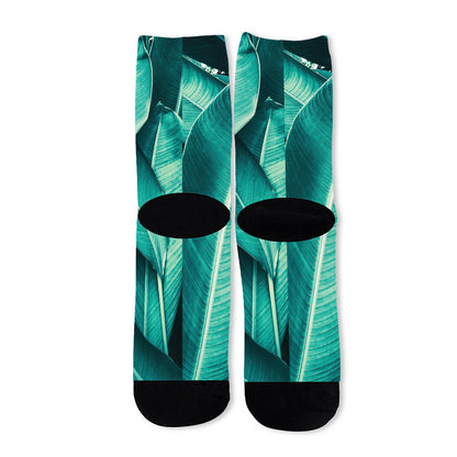 Turquoise Banana Leaf Print Long Socks