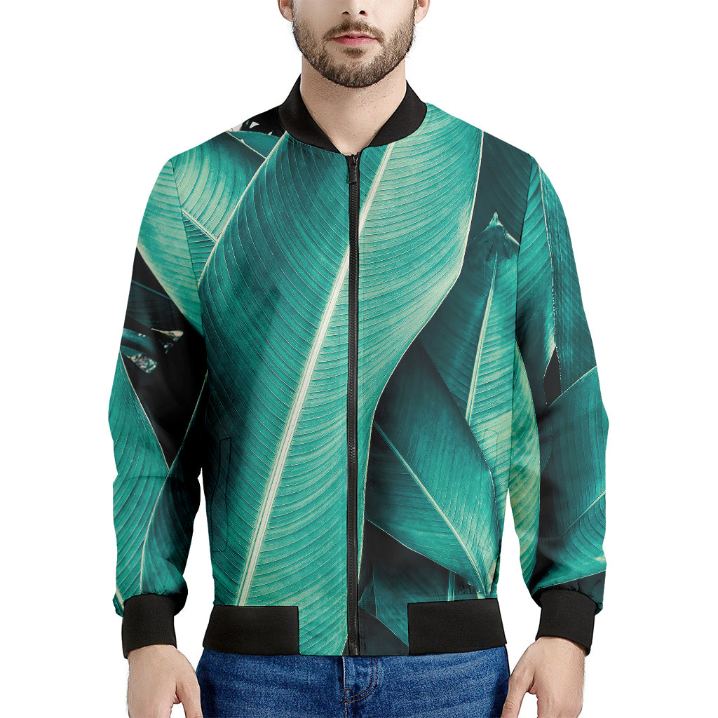 Turquoise Banana Leaf Print Men's Bomber Jacket