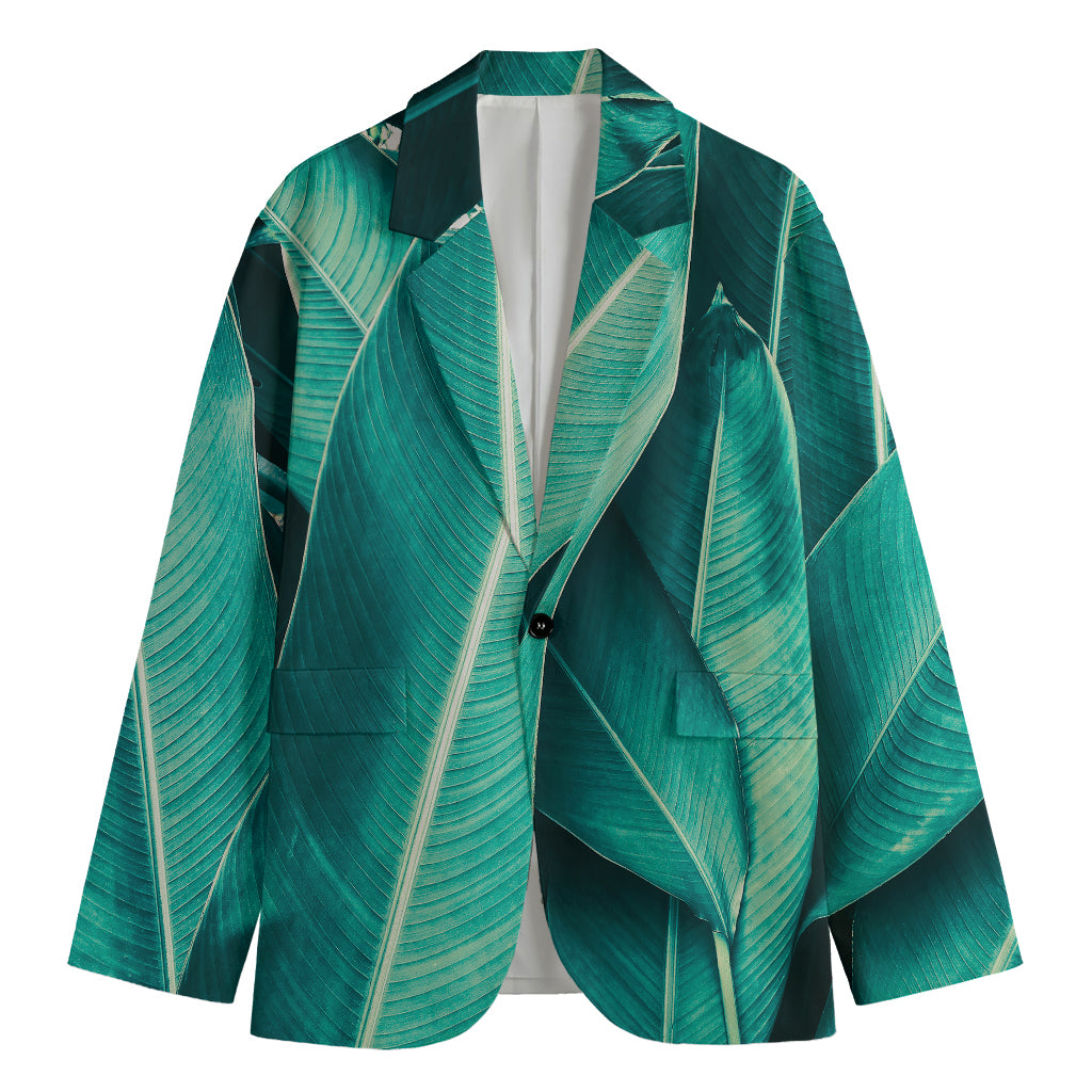 Turquoise Banana Leaf Print Men's Cotton Blazer