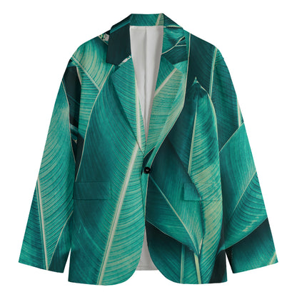 Turquoise Banana Leaf Print Men's Cotton Blazer