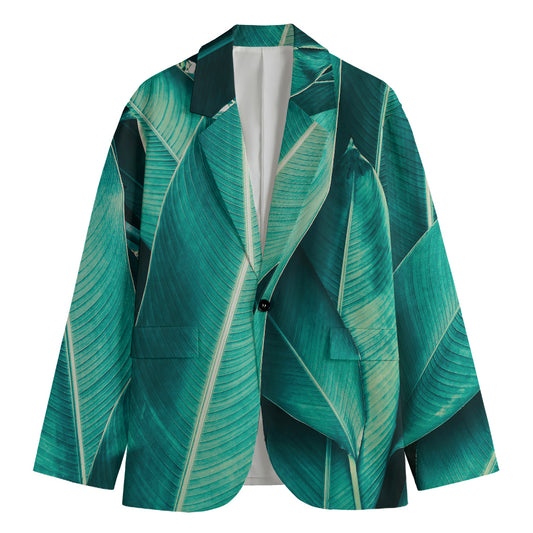Turquoise Banana Leaf Print Men's Cotton Blazer