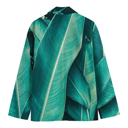 Turquoise Banana Leaf Print Men's Cotton Blazer