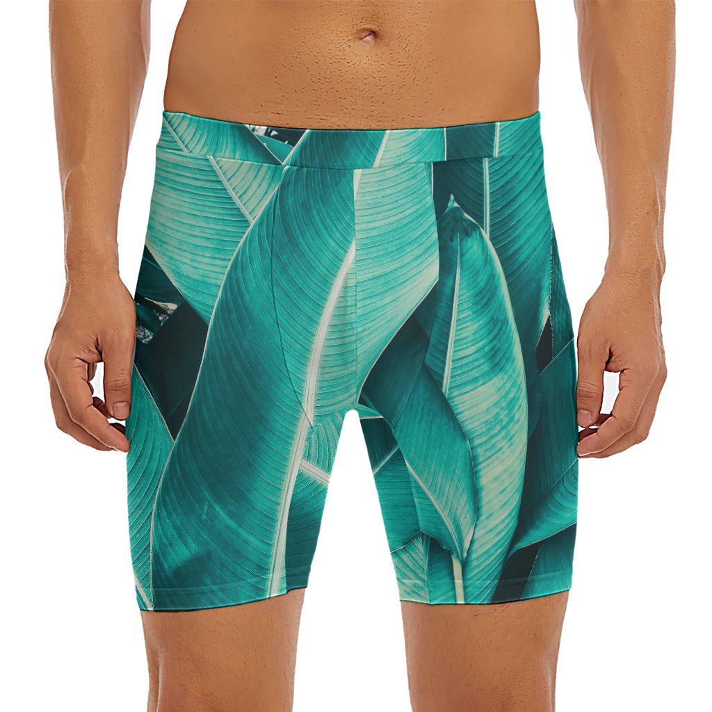 Turquoise Banana Leaf Print Men's Long Boxer Briefs