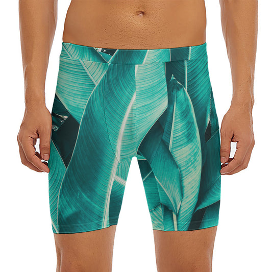 Turquoise Banana Leaf Print Men's Long Boxer Briefs