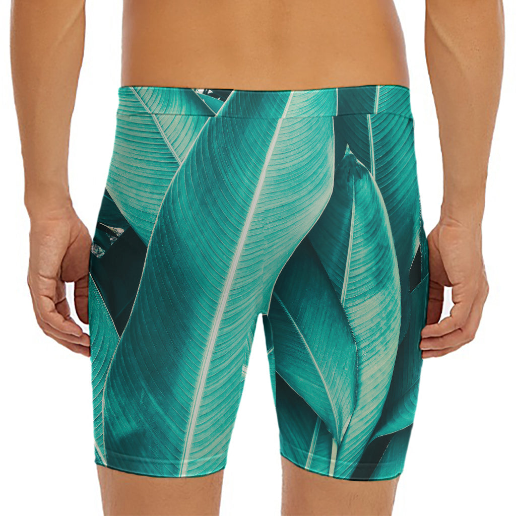 Turquoise Banana Leaf Print Men's Long Boxer Briefs