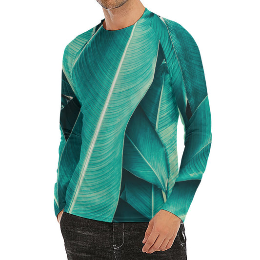 Turquoise Banana Leaf Print Men's Long Sleeve Rash Guard