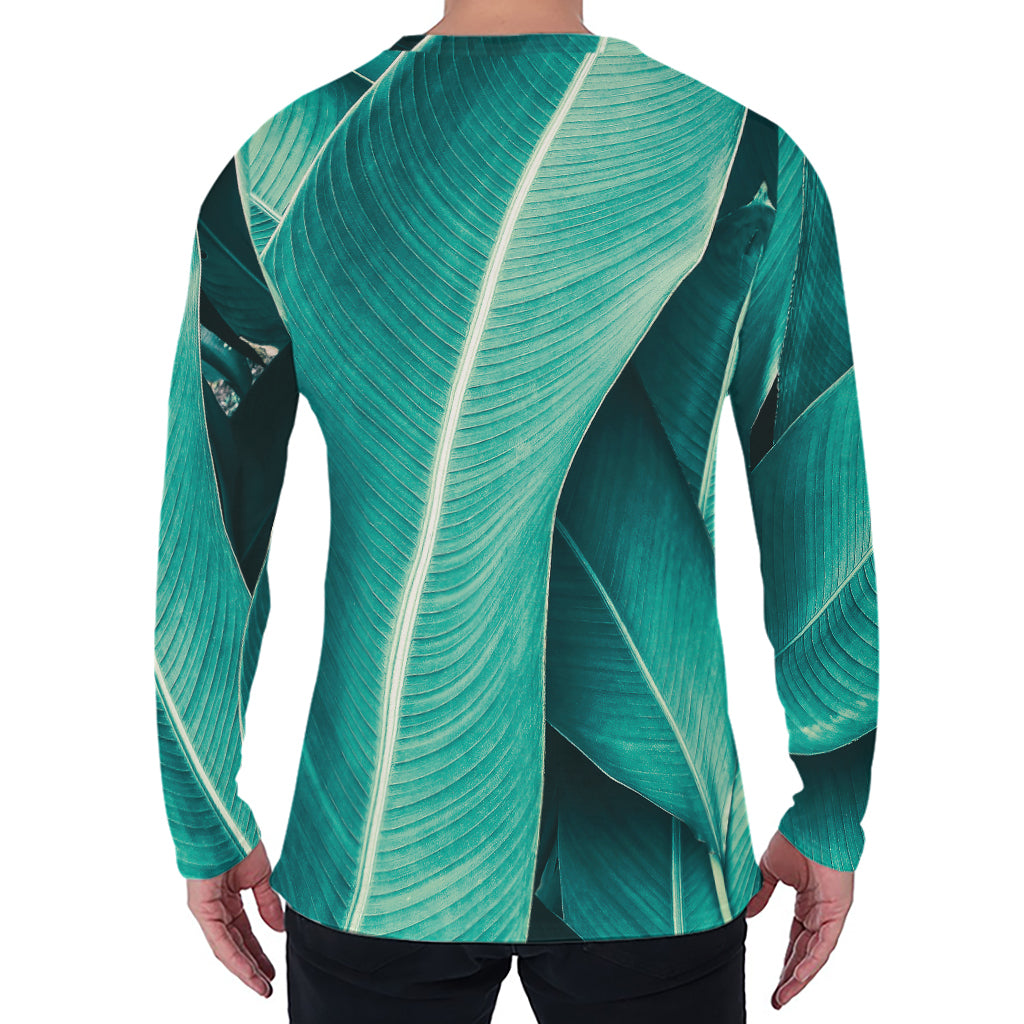 Turquoise Banana Leaf Print Men's Long Sleeve T-Shirt
