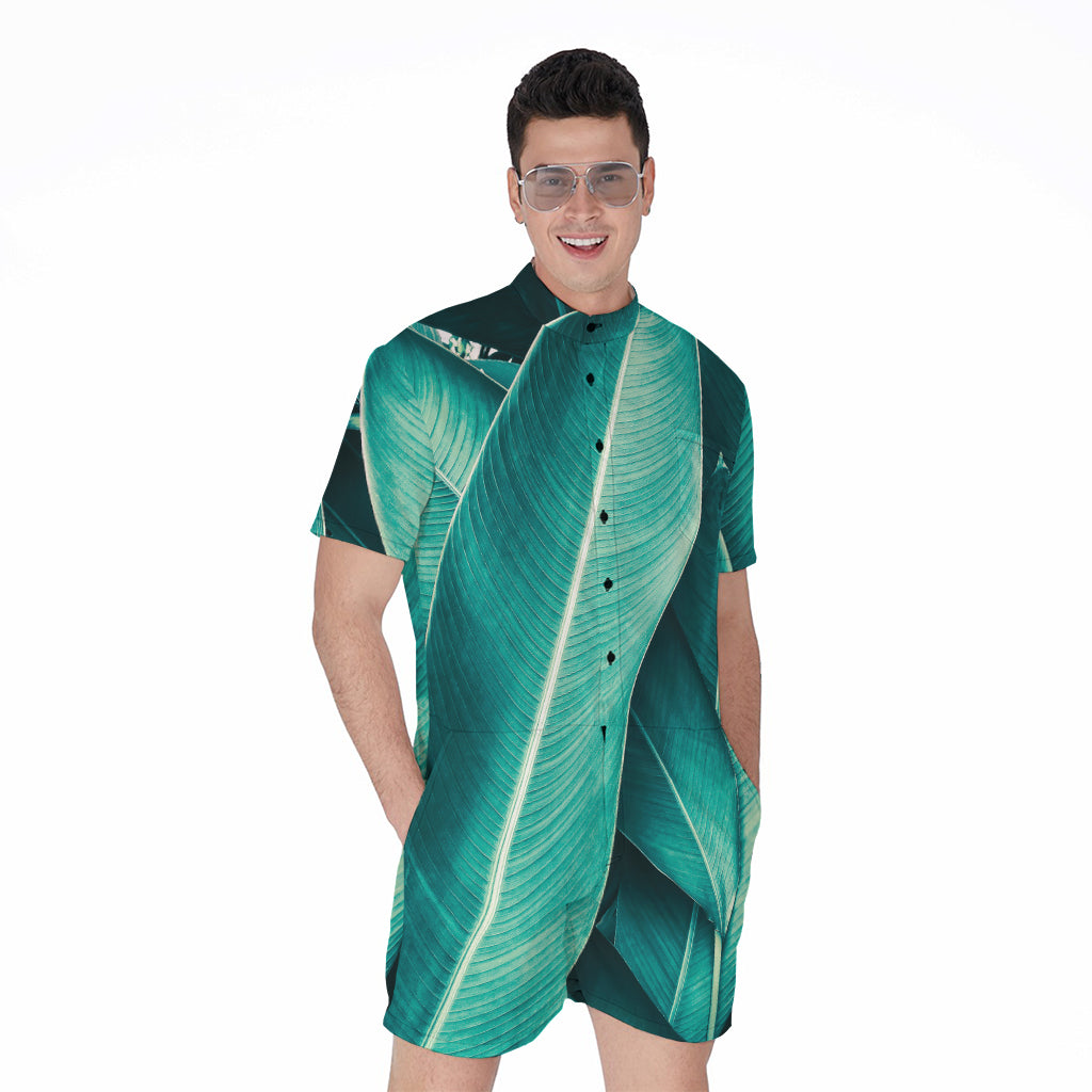 Turquoise Banana Leaf Print Men's Rompers