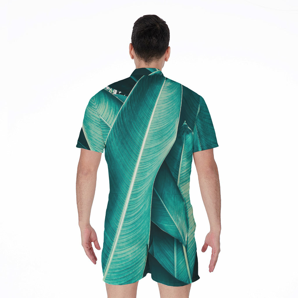 Turquoise Banana Leaf Print Men's Rompers