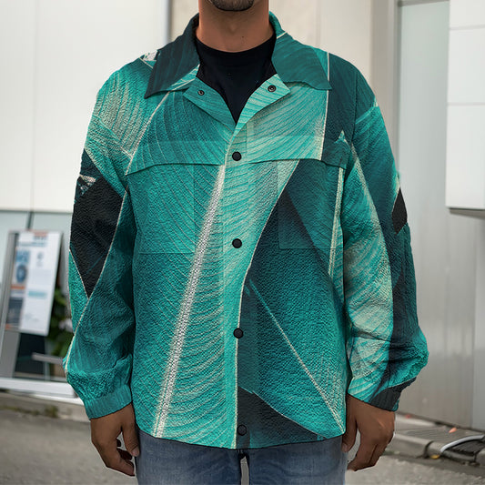 Turquoise Banana Leaf Print Men's Shirt Jacket