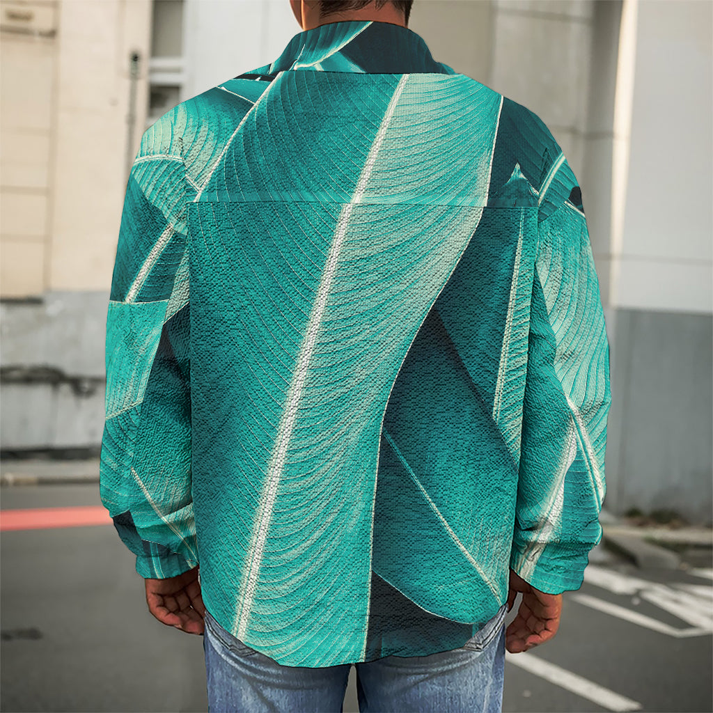 Turquoise Banana Leaf Print Men's Shirt Jacket